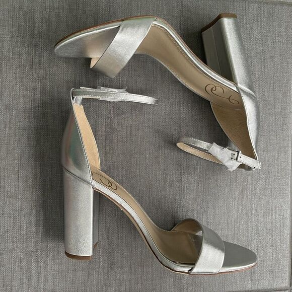 SAM EDELMAN Yaro Ankle Strap Sandal Size 9.5 Silver NWB Wedding Formal Heel - Picture 2 of 12